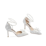 Breakj Shoes Women's Pearl Straps High-End Squint Crystal Shoes Silver French High Heels High Heels Do Not Tired Wedding