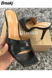 Summer Women Sandals Snake Print Slippers High Heels Mules Square Toe Sandals Sexy Female Outdoor Party Shoes