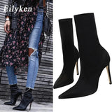 2022 Spring Fashion Stretch Fabric Women Boots Pointed Toe Ankle Boots High heels Shoes Autumn Winter Female Socks