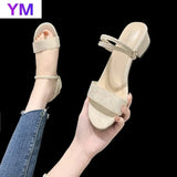 2021 Women Sandals Chunky Heels Brand Slides Summer Flock Flip Flops Narrow Band Sandal Elegant Mule Shoes Women Slipper Big