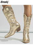 Vintage Style Western Boots For Women 2023 New Arrived Embroidery Mid Calf Boots Pointed Toe Autumn Winter Ladies