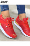 Women 2023 Autumn Wedges Lace-Up Sneakers Solid Color Sewing Platform Sport Style Vulcanized Shoes Casual Ladies Tennis