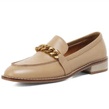 Genuine Leather Loafers Shoes Women Low Heels Chain Chunky Heel Pumps Round Toe Slip On Female Footwear Spring