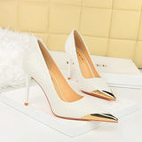 Breakj Retro Banquet Women's Shoes Show Thin Heel Middle Heel Shallow Metal Pointed Iron Head Snake Grain Single