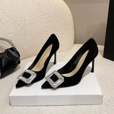 Buckle Diamond Black High Heels Women's 2023 Spring And Autumn New Professional Pointed French