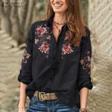 Women's Embroidery Blouse 2022 ZANZEA Elegant Denim Blue Shirts Long Sleeve Chemise Female Button Down Blusa Tunic