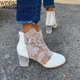2021 New Woman Mesh Black Ankle Boots for Women Summer Square Heels Boots Sandal Ladies Round Toe Lace