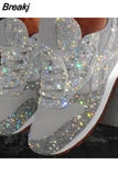 Style Women Casual Lace Up Sneakers Outdoor Sport Running Shoes Glitter Shoes Mesh Flat Shoes Ladies Sequin Vulcanized