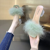 5CM Summer Fluffy Peep Toe Sexy High Heels Women Shoes Fur Feather Lady Fashion Wedding Slip-On Square Toe Women