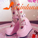 Great Quality Lolita Cosplay Black Pink Wedges Pumps Platform Heart Women Mary Janes Buckle Strap Gothic Shoes