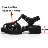 Platform Wedges Sandals Real Leather Mid Heel Shoes T-Strap Round Toe Female Footwear Buckle Sandals Summer Black
