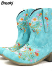 Retro Female Western Boots Wood Sole Spike Heels Pointed Toe Slip-On Floral Flower Ankle Boots Shoes Plus Size