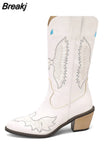 Big Size 34-43 Women Knee High Boots Cowboy Autumn Thick High Heels Pointed Toe Retro Butterfly Long Boots Shoes