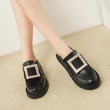 Crystal metal buckle oxfords british small leather shoes women 2023 slip on flats thick heels matte&shiny leather
