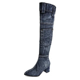2022 Sexy Jean Boots Women's Knee-High Boot Zipper 6CM High Heel Woman Stylish Jeans Boots Ladies Denim Boot Female Shoes
