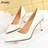 and American Fashion Sexy Women's Shoes Stiletto Heel Patent Leather Low-Cut Pointed-Toe Metal Beads Rivet