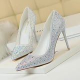 Breakj Korean Version Of Fashion Banquet Women's Shoes Thin Heel Shallow Mouth Pointed Head Sexy Show Thin Water Diamond Color Diamond High Heel Single