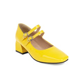 EDEELVEEYS Spring Summer Women Shoes Patent Leather Mary Janes Buckle Square Toe School Pumps Lady Red Black Yellow Pus Size