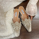 Breakj Wind Bag Head Lace Wedding Shoes Half Slippers Women 2025 Spring And Summer New Outside Wearing Pearl Water Drill Lazy Cold