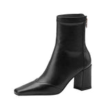2020 simple PU women's boot back zipper square high heels solid pointed toe shoes party ball ankle boot black white