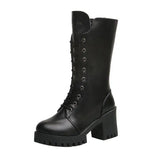 Women 7CM High Heel Boots Black Casual Mid Tube Knight Boots Round Toe Zipper Boots Autumn Winter Leather Warm Boots Size