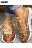 Women Autumn Leopard Thick-Soled Sneakers Stitching Lace-Up Sport Shoes Casual Ladies Vulcanized Wedges Tennis