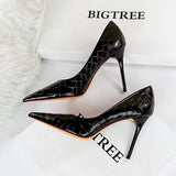 Breakj Bright Face Patent Leather Woven Grain Fine Heel Super High Heel Shallow Mouth Pointed Head Sexy Nightclub Show Thin Female Singles