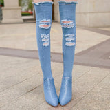 2020 Women Newest Hollow out Pointed Toe Over Knee Blue Denim Lace-up Gladiator Boots Long High Heel Jean Boots