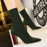 Breakj Fashion Simple Wood Grain With Thick Heel High Heel Pointed Elastic Leka Sexy Nightclub Show Skinny Ankle