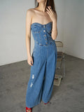 Streetwear Jumpsuits For Women Strapless High Waist Solid Minimalist Denim Wide Leg Pants Female Korean Fashion