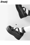Great Quality Lolita Cosplay Black Pink Wedges Pumps Platform Heart Women Mary Janes Buckle Strap Gothic Shoes