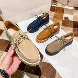 Size 34-41 Women Casual Loafers Real Leather Flats Platform Shoes For Women Chunky Heel Retro Ladies Lace-Tie