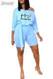 Casual Side Lace Up Print Top And Skinny Shorts Two Piece Summer Female Sporty 2pcs Outfits Off Shoulder Matching