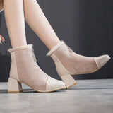 Women Boots Comfortable Plush Warm Fur Ladies Ankle Boots Elegant High Heels Solid Color Convenient Zipper Female