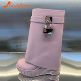 New Brand Trendy 2023 Fashion Mid Calf Boots Thick Heeled Metal Buckle Short Women Boots Leather Female Shark