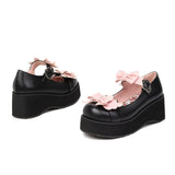 Spring Women Cute Bow Platform Lolita Shoes Strap Cosplay Wedges Thick Sole Pumps JK Uniform Black Brown White Plus Size