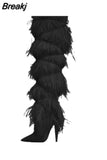 Women's High Boots Suede Cross-tied Pointed Toe Party High Heel Shoes Sexy Ostrich Feather Women's Over The Knee