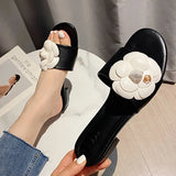 Woman Floral Sandals Low Square Heels Slippers Femme Shoes Summer Ladies Open Toe Flipflops Luxury Camellia Slides