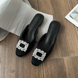 Breakj Half Drag Female 2024 Summer New Fashion Rhinestone Square Buckle Flat Bottom Cool Drag Flat With Slippers Women's Shoes