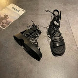 Sandals Woman Leather Low-heeled PU Rome Slides Fabric Hoof Heels Rubber Low Sandals Woman Leather Low-heeled Slides