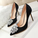 Breakj Korean Version Of Water Diamond Women's Shoes Thin Heel High Heel Sexy Show Thin Shallow Mouth Pointed Shiny Water Diamond With Buckle Single