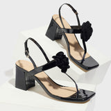 Breakj Sales Lady High-Heeled Black Rose Toe With Square Head And Mirror Fabric Sandals 2025