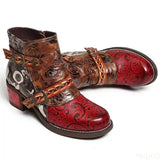 Vintage Splicing Printed Ankle Boots for Women Shoes Woman PU Leather Retro Block High Heels Zipper Women Boots Big