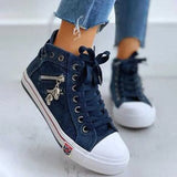 Breakj Spring And Autumn Denim High Help Canvas Shoes Ladies Casual Shoes Students Cloth Shoes Flat Shoes Shoes Single