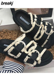 Summer Fringe Women Thick Heel Platform Slipper Casual Double Buckle Non-slip Outside Slip on Slides