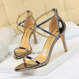 Breakj Fashion Sexy Nightclub Open Toe Metallic Cross Strap Heel High Heel Sandal Women's High