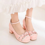 Lolita Shoes Women High Heels Vintage Hollow Flowers Ankel Strap Bow Cute Girls Princess Party Students Lovely Pumps Size
