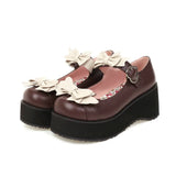 Spring Women Cute Bow Platform Lolita Shoes Strap Cosplay Wedges Thick Sole Pumps JK Uniform Black Brown White Plus Size