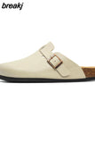 2023 New Buckle Closed Toe Cork Slipper Casual Women Solid Color Beach Outside Non-slip PU Leather