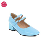 EDEELVEEYS Spring Summer Women Shoes Patent Leather Mary Janes Buckle Square Toe School Pumps Lady Red Black Yellow Pus Size